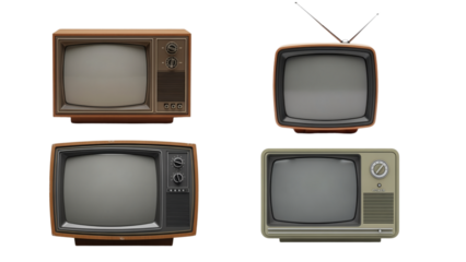 Four vintage television sets isolated on a black background, various styles, and colors, with blank screens
