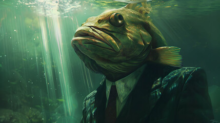Humanoid fish in business attire underwater - surreal conceptual art
