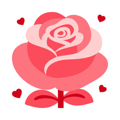 Playful illustration of pink rose with layered petals and floating hearts, Vector style artwork of pink rose with charming floating hearts and vibrant limited palette