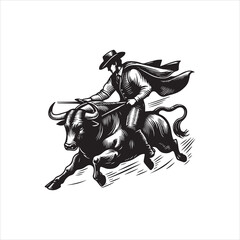 Fototapeta premium A black and white vector illustration of a cowboy riding a charging bull with a cape flowing behind him on a plain white background.
