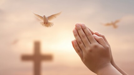 Hands in Prayer with a Backdrop of a Cross and Doves Representing Hope, Faith, and Spiritual Connection Against a Soft, Serene Sky