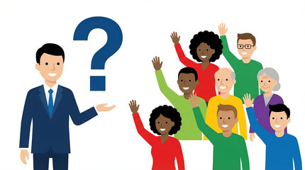 A diverse group of people with hands raised up and a man with a question mark on top. They are asking something with happiness. The scene evokes a sense of inclusion and engagement white background