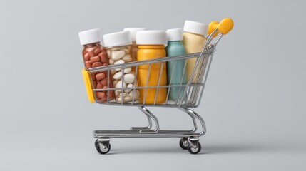 Shopping cart filled with various medicine bottles including capsules, tablets, and liquid medications on a grey background for health and wellness themes