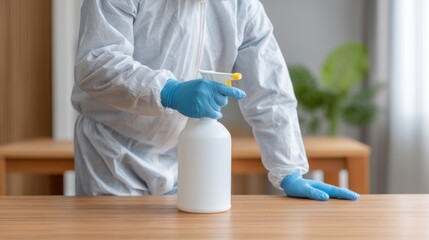 Person in Protective Suit Using Disinfectant Spray on Wooden Surface for Sanitization and Cleaning in Modern Indoor Environment