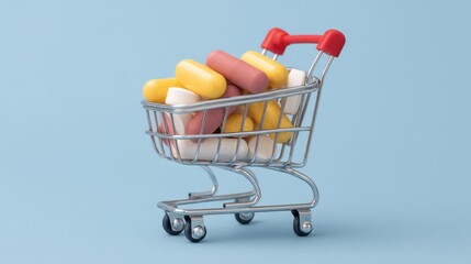 Shopping cart filled with various colorful medical capsules and tablets against a vibrant blue background showcasing health and wellness concepts