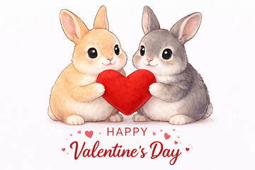 Cute bunny couple holding heart illustration for Valentine&rsquo;s Day greeting
