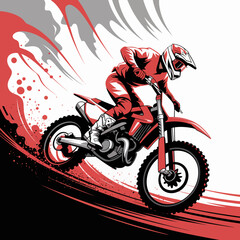 A thrilling illustration capturing a motocross rider in action, showcasing speed and adrenaline against a dynamic background of red and black splashes. © Zihang