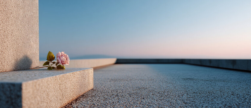 Solitary Pink Rose on Concrete Gravestone at Dusk with Minimal Sky Horizon