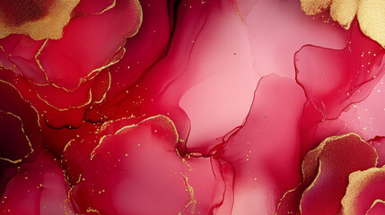 Abstract red and gold alcohol ink background with flowing textures and marbled patterns, creating a luxurious, vibrant, and artistic visual effect.
