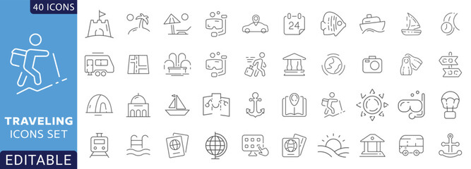 traveling line icon set. Contain icons related to holiday recreation, vacation, leisure, entertainment,  traveling, tourism, and more. Fully Editable. Vector illustration.