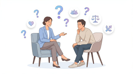 A therapist and client having discussion with question mark and graphic element around them. Therapy Session, Counseling, Mental health care white background