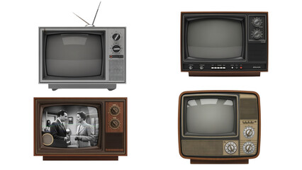 Four vintage televisions, each styled in different ways, some with images, others blank, all showcasing retro design