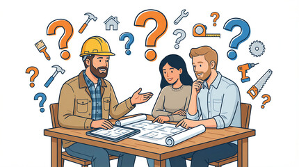 A couple consulting with a construction expert over blueprints, with question marks indicating uncertainity or exploration of ideas. The expert is gesturing and the couple are engaged white background