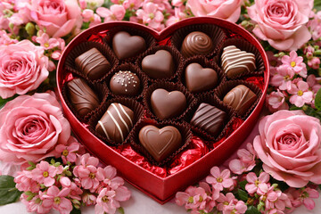 Heart-shaped chocolate gift box surrounded by pink roses for Valentine&rsquo;s Day