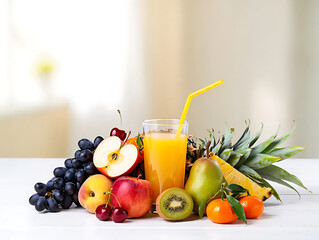 Fruit drink with berries and citrus on bright background. Beverage and food concept for advertising and branding.