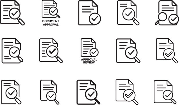 Document review and approval process outline icon set for business workflow, validation, and management systems.