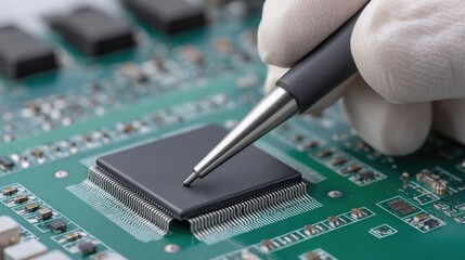 Hand in white glove holding metal pen above microprocessor on green circuit board during electronic component testing and quality assurance in technology lab