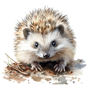 Hedgehog Crawling Slowly, vector watercolor clipart with soft pastel strokes, isolated on a white background.