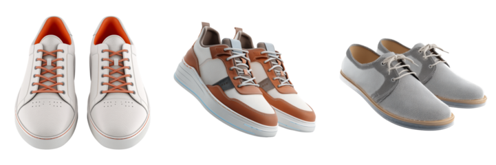 White leather sneakers with orange laces and brown and white casual shoes isolated on a transparent background