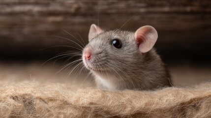 Close-Up of a Curious Grey Mouse with Soft Fur Featuring Delicate Whiskers and Bright Eyes Against a Natural Rustic Background