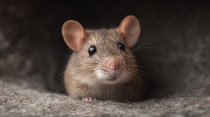 Adorable Close-Up of an Alert Brown Mouse with Large Eyes Peering Cautiously from a Cozy Burrow in Soft Fabric Background