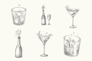 engraving vector illustration Cocktails alcoholic daiquiri, old fashioned, manhattan, martini, sidecar glass hand drawn. Eps 10