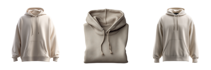 Three beige hooded sweatshirts displayed in different arrangements isolated on a transparent background