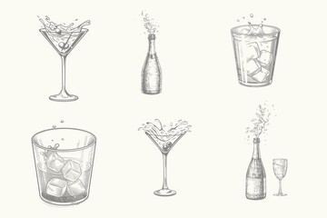 Sketch glass alcoholic daiquiri, old fashioned, manhattan, martini, sidecar glass hand drawn engraving vector illustration. Eps 10