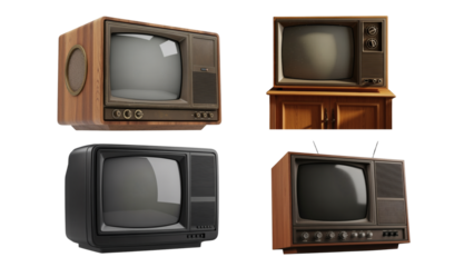 Four retro television sets, each with a different color and wood-grain finish, floating against a black background