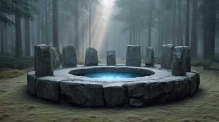Enigmatic Stone Circle Surrounded by Mystical Forest and Mist with Ethereal Light Filtering Through Trees, Evoking Ancient Rituals and Nature's Beauty