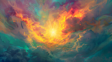 Majestic fantasy sky with glowing sun and colorful clouds for imaginative design