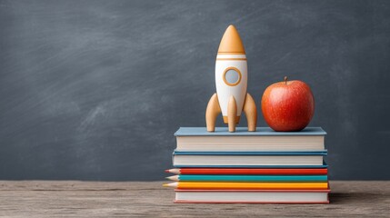 Colorful rocket toy and fresh red apple on stacked books with vibrant pencils in a classroom setting, perfect for educational themes and creativity concepts