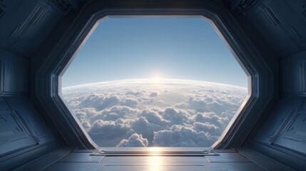 Stunning View from Space Window Showing Earth Curvature, Clouds, and Sun in the Distance, Capturing the Beauty of the Universe and Space Exploration