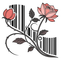 Rose and Lotus Flower Floral Design with Barcode Line Style