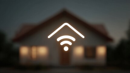 Modern home with wireless connectivity symbol glowing softly at dusk, highlighting the importance of smart technology in contemporary living spaces