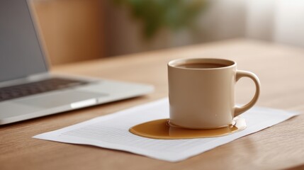 Coffee Cup Spill on Desk with Laptop and Blurred Background, Creating a Casual and Messy Work Environment in Home Office Setup