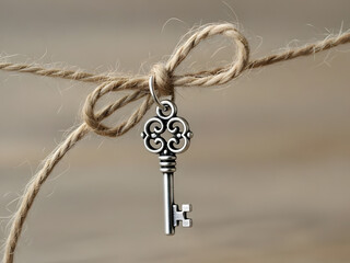 Antique ornate key hanging on twine bow for security and access