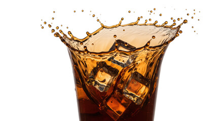 Rich amber-brown beverage, suggesting aged whiskey or rum, in a turbulent splash with ice cubes forming a gravity-defying crown on a transparent background, concept for beverage advertising