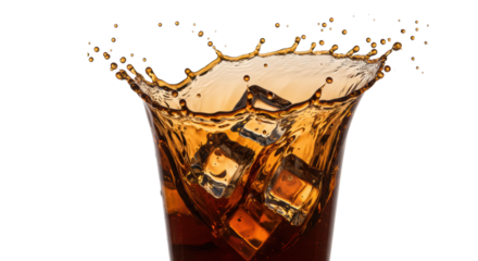 Rich amber-brown beverage, suggesting aged whiskey or rum, in a turbulent splash with ice cubes forming a gravity-defying crown on a transparent background, concept for beverage advertising