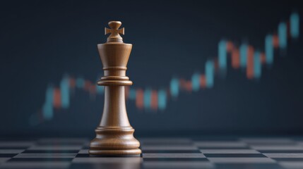 Wooden chess king piece in focus with a financial growth chart backdrop symbolizing strategy, decision making, and investment success in modern business