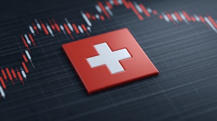 Swiss flag symbol on a background of fluctuating stock market graphs depicting financial growth and decline trends in an abstract style
