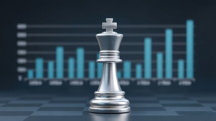 Silver chess king piece in foreground with blurred graph in background representing strategic planning and competitive analysis in business context