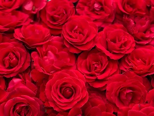 A beautiful bed of fresh red roses adorned with delicate water droplets and vibrant petals.
