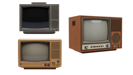 Three stylized, retro televisions, rendered against a black background. Each with unique design