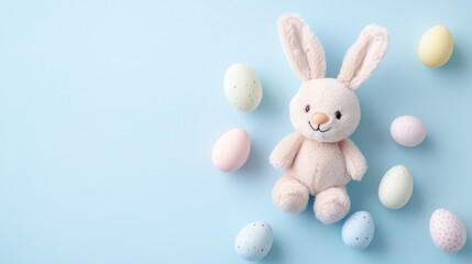 Obraz premium Cute Easter bunny toy pastel eggs flat lay