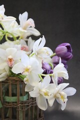 orchid flowers, cut flowers, cut white orchid branches, purple tulip, flower bouquet, lush cream orchids