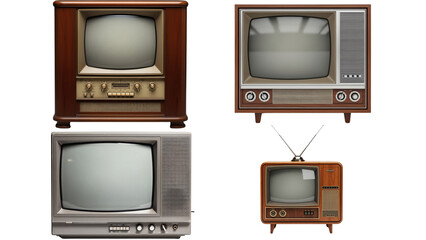 Four different, old-fashioned television sets in various colors and designs, rendered on a solid black background