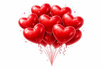Cluster of red heart balloons isolated on white background