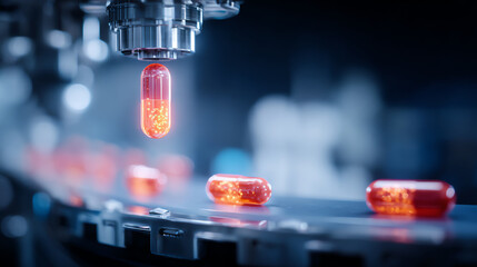 A close-up view of a capsule being produced in a modern pharmaceutical factory featuring advanced machinery and technology.