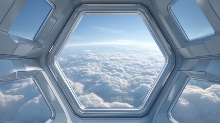 Vast Blue Sky and White Clouds View from a Modern Hexagonal Window Frame in a Futuristic Atmosphere